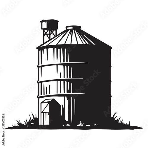 Simple black and white illustration of a farm grain silo with tall storage capacity