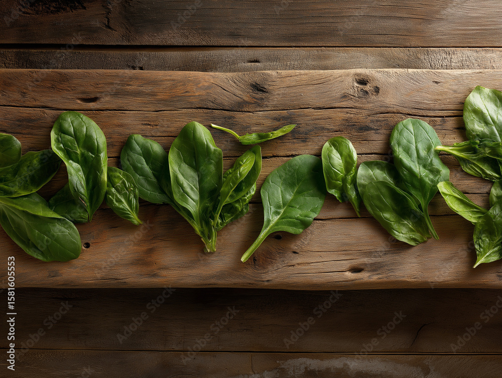 Fototapeta premium Spinach Leaves Scattered Across Rough Wooden Surface Highlight Fresh Green Texture for Food Styling Ideas