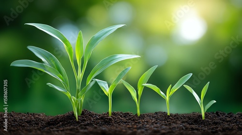 Growth stages of green plants in fertile soil.