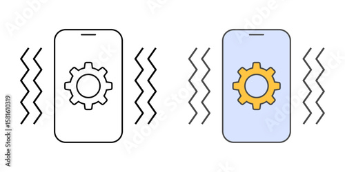 Vibration notification settings icon with phone, vibration lines, and gear symbol, ideal for silent alert customization, accessibility preferences, and assistive notification tools.