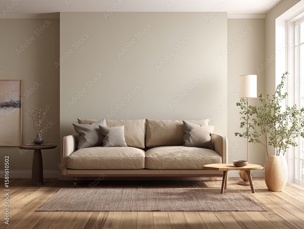Fototapeta premium Beige living room with sofa and minimalist decor