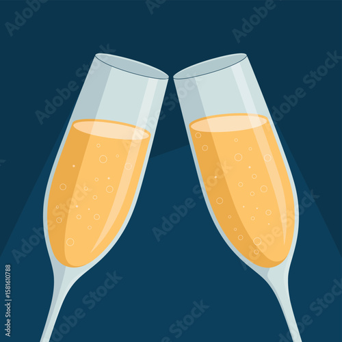 Two champagne flutes toasting with bubbly golden liquid and bubbles
