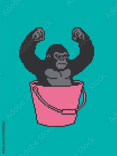 Gorilla in bucket pixel art illustration, perfect for game character, sticker, NFT