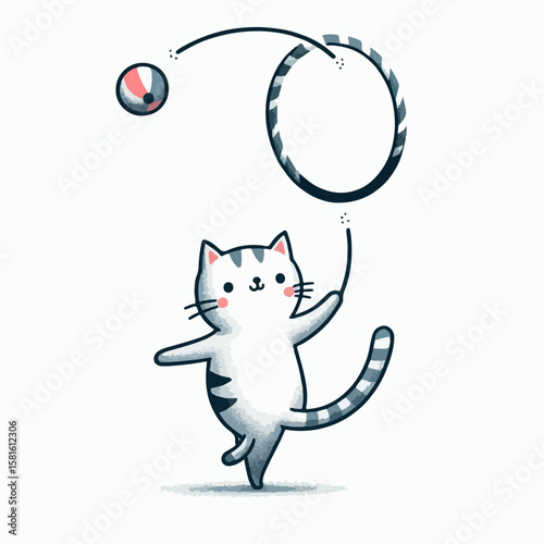 cartoon vector illustration of circus cat spinning hoop and ball