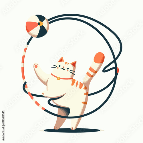 cartoon vector illustration of circus cat spinning hoop and ball