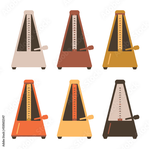 Collection of six colorful metronomes on a white background for music practice