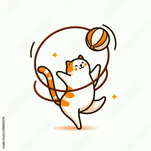 cartoon vector illustration of circus cat spinning hoop and ball