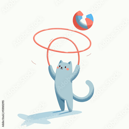 cartoon vector illustration of circus cat spinning hoop and ball