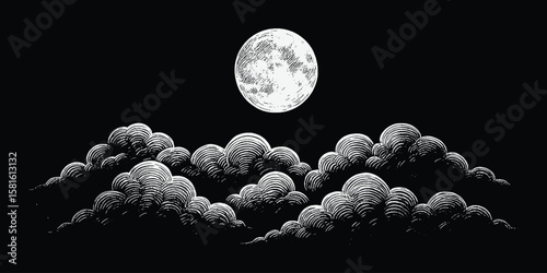 A full moon glows above layers of fluffy clouds in a black sky, drawn in a bold monochrome style.