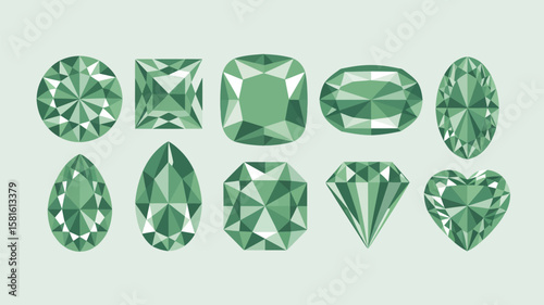  Collection of ten different green gemstone cuts on a light background