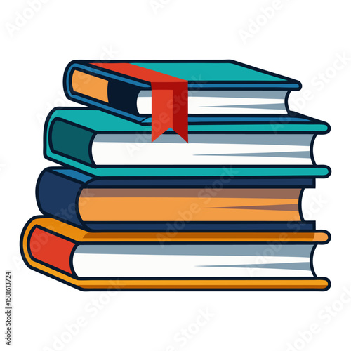 A neatly stacked pile of four colorful books, with the top book featuring a red bookmark hanging from its spine.