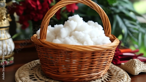 Rustic wicker basket overflowing with a fluffy white filling amid a nature-inspired setting