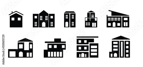 Modern and Minimalist Building Icons Set – Black Silhouettes of Various Urban House and Apartment Styles, Residential Real Estate and Architecture Pictograms for Web, App, or Infographic Use