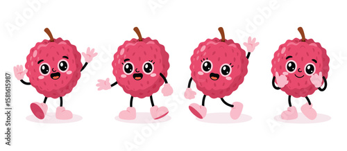 Cute cartoon lychee characters waving and dancing with happy expressions