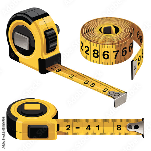 Yellow and black tape measures in different positions and states of extension