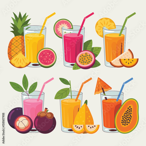 Assortment of colorful tropical fruit juices in glasses with fresh fruits