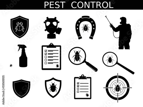 Black Silhouette Icon Set of Pest Control and Inspection Tools.
