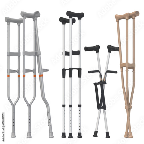 Collection of various crutches for mobility assistance and rehabilitation on white background