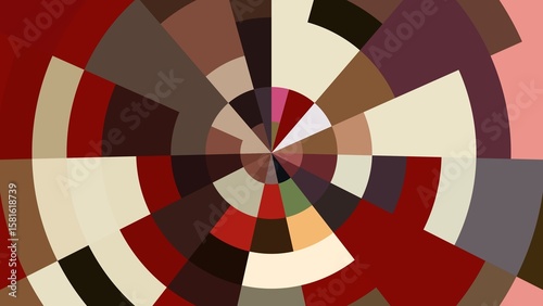 Abstract pixel art with a radial burst design. Red, brown, and beige create a dynamic, circular pattern.