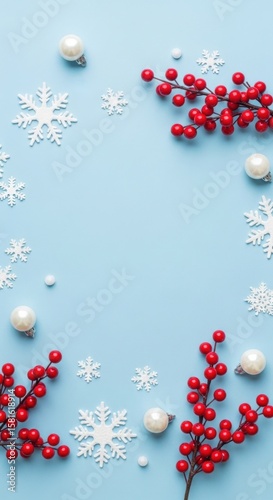 Winter Wonderland Flatlay Red Berries White Snowflakes Pastel Blue Background Christmas Decorations Cozy Winter Home