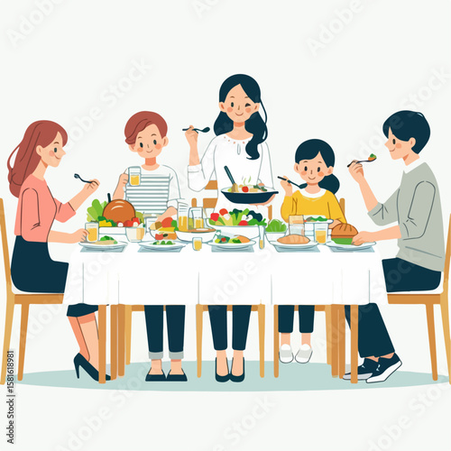 vector illustration of people eating at the dining table