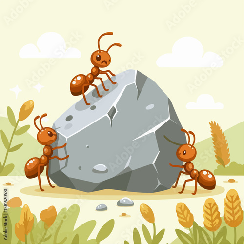 vector illustration of an ant pushing a large rock