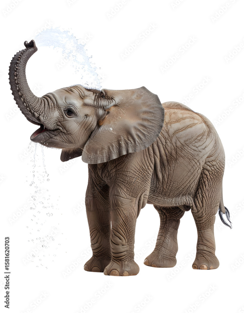 Fototapeta premium Playful Elephant Spraying Water with Trunk in Fun Summer Scene