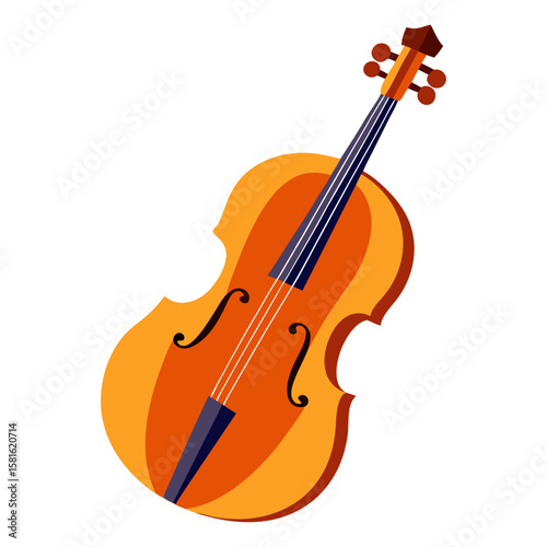 A vibrant, stylized illustration of a cello or a similar string instrument in shades of orange and brown, with dark strings and a light-colored fingerboard.