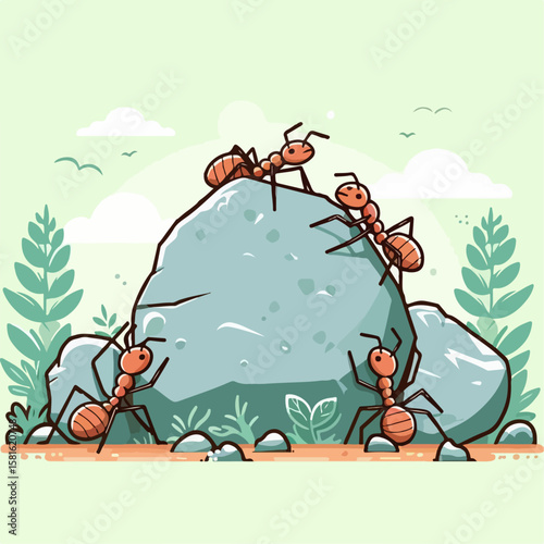 vector illustration of an ant pushing a large rock