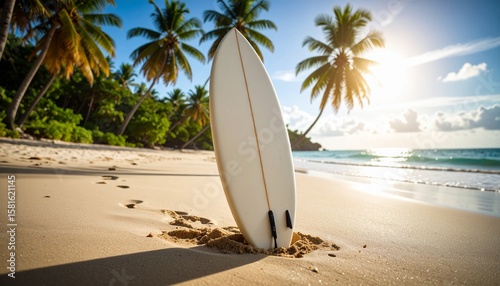 A high-definition photo of a surfboard standing upright in the golden sand, positioned near the shoreline, with gentle waves in the background and a bright blue sky