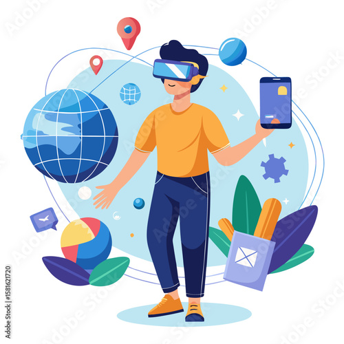 A person wearing a VR headset holds a smartphone, interacting with virtual elements like a globe, location pins, and a pie chart, depicting concepts of metaverse, augmented reality, and digital naviga