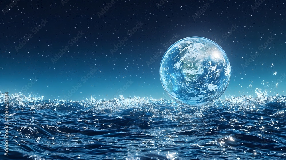 Obraz premium Ethereal Earth encased in a protective water bubble floating in the vastness of space