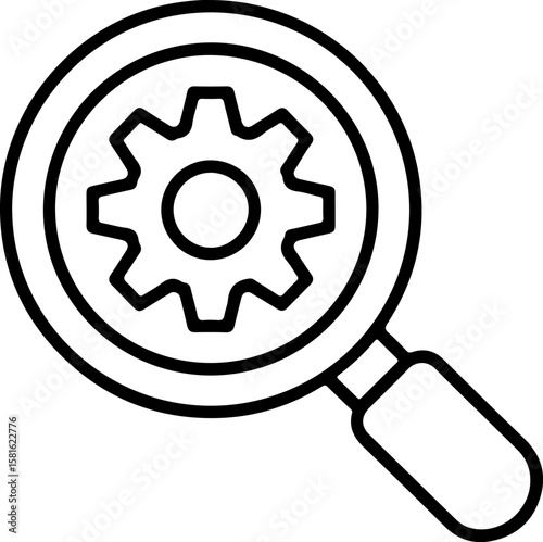 Magnifying glass with gear inside symbolizing search for solutions and optimization