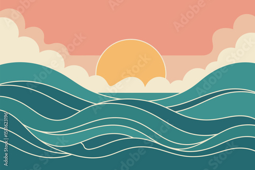 Serene ocean scene featuring wavy water, pastel sunrise and soft clouds evoking feelings of peace and tranquility.