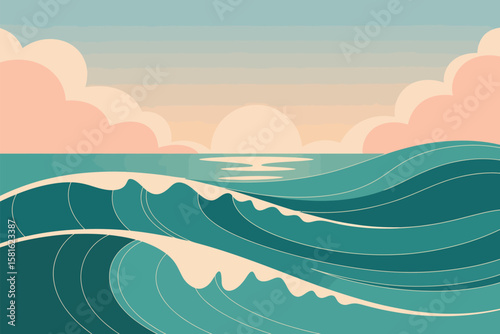 Cartoon ocean waves under soft pastel clouds and a shining sun creates a serene nautical seascape