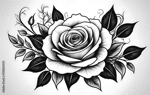 Black and white Rose Floral Design, Tattoo Art