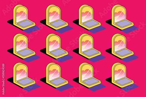 Repeating vanity mirrors reflect pastel clouds on a vivid pink backdrop, creating a surreal cartoon aesthetic.