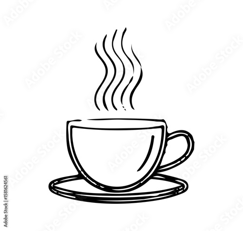 Hand-drawn steaming cup of hot coffee or tea on a saucer. Doodle style vector line art illustration for cafe, breakfast, or hot beverage concepts.