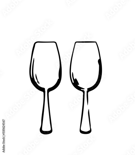 Two elegant wine glasses icon. Simple black and white line art vector illustration for wine tasting, celebration, romance, bar, or restaurant menu design.