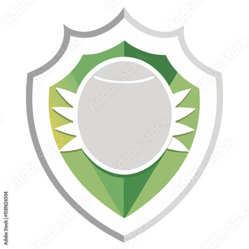 A stylized shield with a green gradient fading from light to dark, featuring a grey circle at its center surrounded by white, pointed sun rays or a gear-like design.