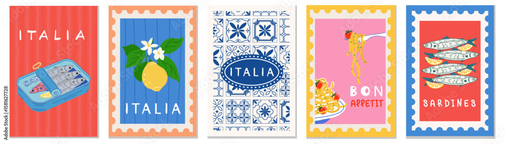 Italian summer Mediterranean postage stamps. International illustration of Mediterranean Italian blue tiles, lemons, sardines, Italian pasta for a poster, postcard, or background
