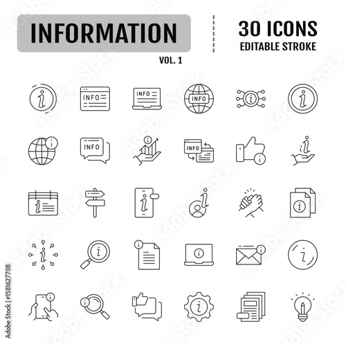 Information line icon set. Containing info, help, inform, support, news, about us, instructions and notice icons. Vector illustration