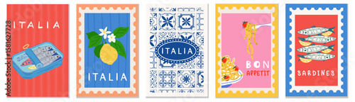 Italian summer Mediterranean postage stamps. International illustration of Mediterranean Italian blue tiles, lemons, sardines, Italian pasta for a poster, postcard, or background