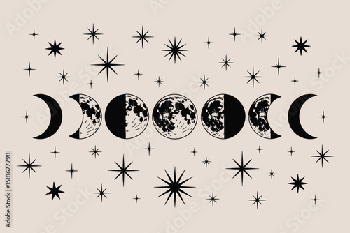 Celestial phases adorn this stellar background, depicting moon phases and scattered star shapes in a minimalist drawing.