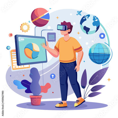 A person wearing a VR headset interacts with virtual data visualizations, surrounded by technological elements like screens, charts, and global representations, symbolizing immersive data analysis and