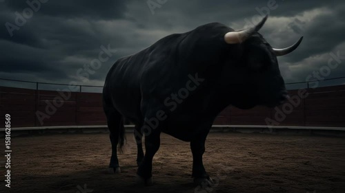 Black bull facing forward in dramatic bullring