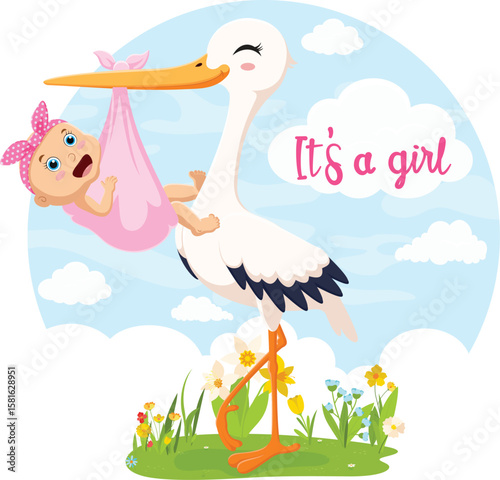 Cute stork delivering new born baby girl cartoon characters