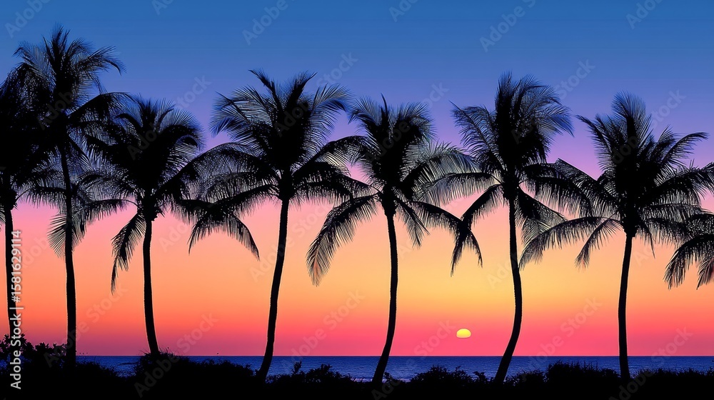 Fototapeta premium Sunset with a row of tall palm trees silhouetted against the sky
