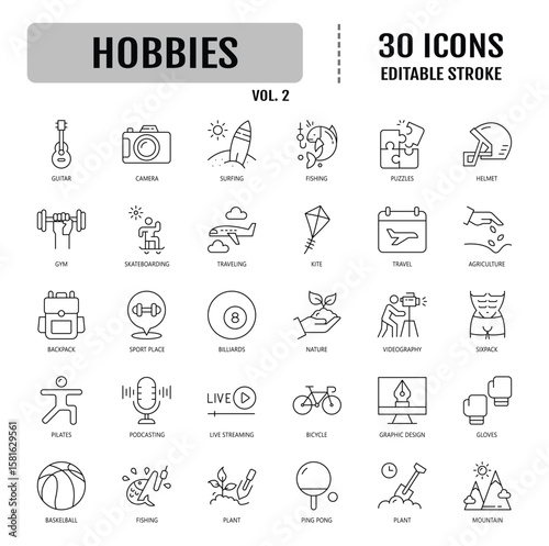 Hobbies line editable icon set. Editable stroke. Vector illustration