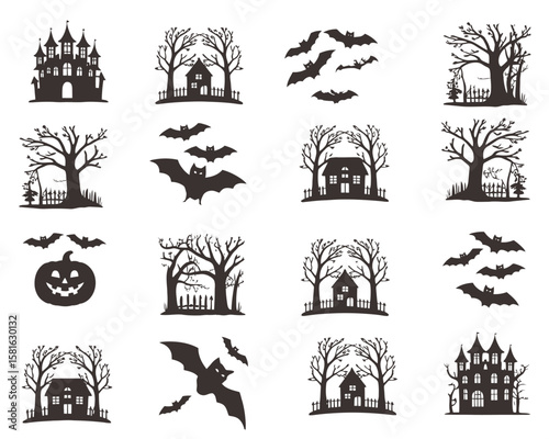 Halloween vector collection with festive icons: ghost, spider, witch hat, cauldron, candy, and more – ideal for seasonal graphics and print

